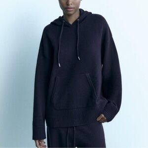 Zara women’s oversized heavy knit hooded slouchy sweater navy blue size large